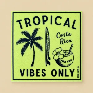 Sticker tropical “Vibes Only” sobre arena